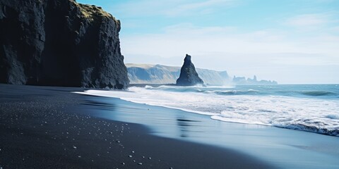 Preciosa playa desierta con arena negra y una roca en mitad del mar