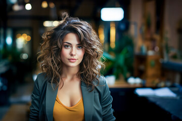 Obraz premium beautiful young brunette woman in the interior. Generative AI
