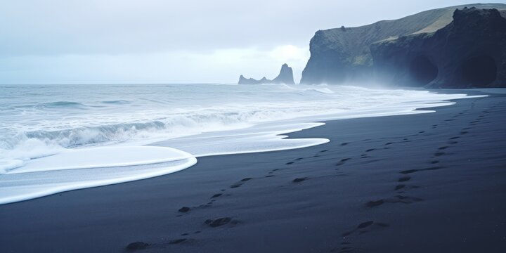 Playa de arena negra por la tarde cuando se levanta niebla 