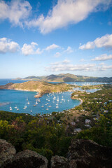 Famous view from Shirley Heights of Antigua's dramatically shaped coastline; English Harbour, Antigua, Caribbean