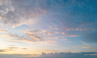 Horizon panorama and dramatic twilight sky and cloud sunset background. Natural sky background texture, beautiful color. Dark clouds, big storm and rain.