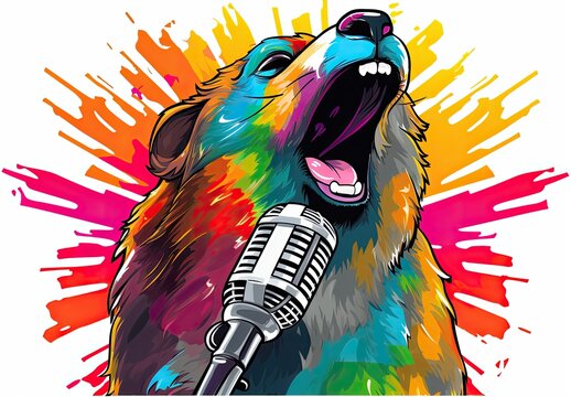 The muzzle of a bear singing into a microphone is painted with watercolors. Colored grizzly with paint splashes. Idiom: have a tin ear. The bear stepped on the ear. Printable design for t-shirt etc.