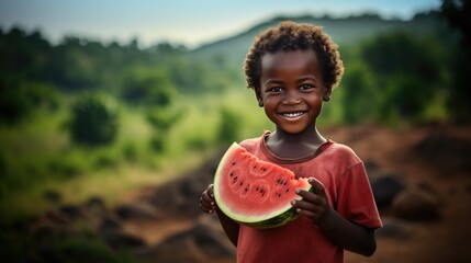 African boy holding a slice of watermelon. Generative AI.