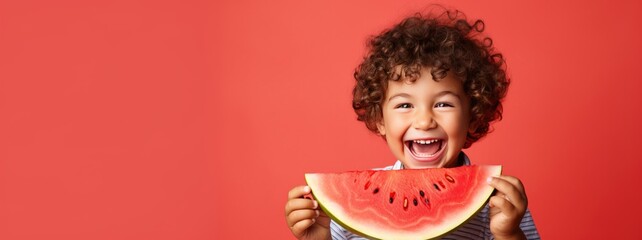 Happy boy holding a slice of watermelon on an empty background with copy space. Generative AI. - Powered by Adobe