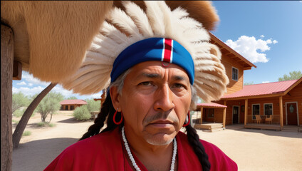 old aged native american indian chief close up portrait in the village - Generative AI