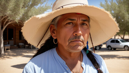 old aged native american indian chief close up portrait in the village - Generative AI