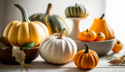 Multi-colored and different shapes of pumpkins.Generative AI