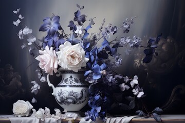 Jarrón con flores azules blancas y lilas, decoración barroca, centro de mesa para boda estilo coquette - obrazy, fototapety, plakaty