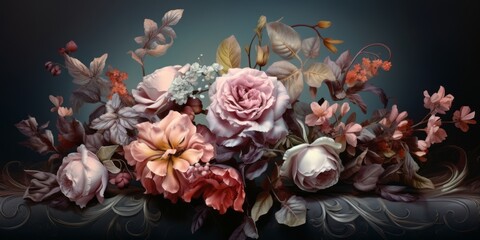 bodegón naturaleza muerta de flores, invitación de boda coquette, oleo de flores estilo barroco  - obrazy, fototapety, plakaty