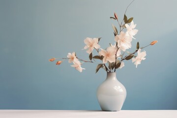 Jarrón de cerámica con flores, decoración florero minimalista, centro de mesa estilo japones, flores blancas en un florero de cerámica 