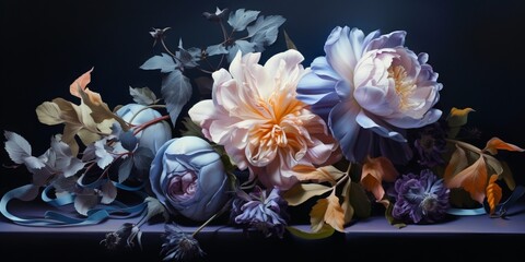 bodegón naturaleza muerta de flores en tonos frios, invitación de boda coquette, oleo de flores estilo barroco  - obrazy, fototapety, plakaty