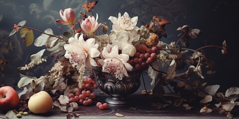 Bodegón naturaleza muerta estilo barroco renacentista, fondo para restaurantes de lujo o catering de bodas, jarrón con flores secas y fruta 