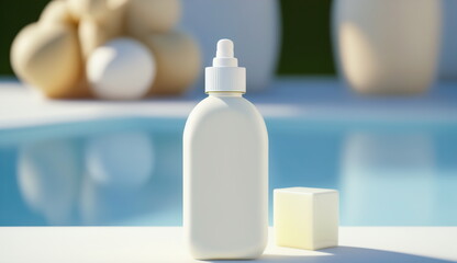 Fototapeta na wymiar White cosmetic bottle on the background of the pool.Generative AI