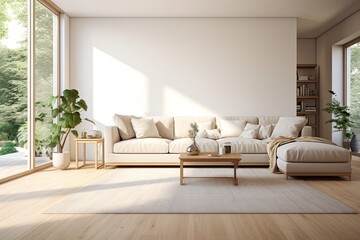The living room in a modern house or apartment has a carpet and sofa placed near a white wall. The space is brightly lit, with a parquet floor. This description is created using rendering techniques