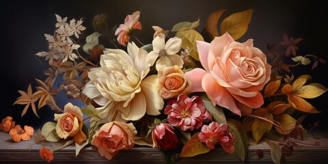 Precioso bouquet aesthetics, invitación de bodas vintage, oleo de flores estilo barroco 