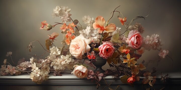 Bodeg&oacute;n de flores rosas y melocot&oacute;n en jarr&oacute;n cl&aacute;sico, Decoraci&oacute;n de flores elegante estilo pintura barroca, Fondo de flores de lujo para campa&ntilde;a de marketing exclusiva