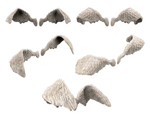 Isolated 3d render illustration of stone statue wide angel wings, in various angles.
