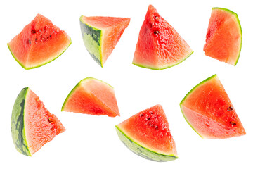 Set or collection of slices of juicy pulpy sweet ripe watermelon edible fruit in triangle shape isolated on white background consumed raw, as ingredient in mixed fruit salads, or as juice in cocktails