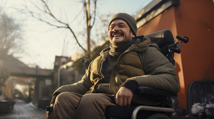 Joyful Man With Disabilities in Wheelchair Wearing a Smile, Delighting in the Autumn Ambiance of City Streets. Concept of Positive Outlook, Inclusivity and Joy, Urban Exploration.