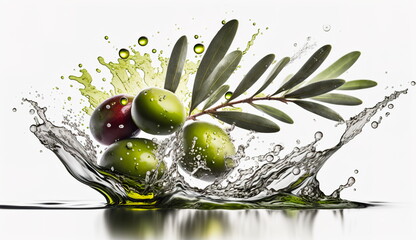 Branch with olives and water drops on a light background.Generative AI