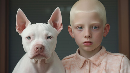 Albino Blonde Child With White Pitbull Dog. Modern Portrait. Concept of Unique Beauty, Human-Animal Connection, Distinctive Appearance, Pet Companionship, Contemporary Portraiture, Pale Contrasts.