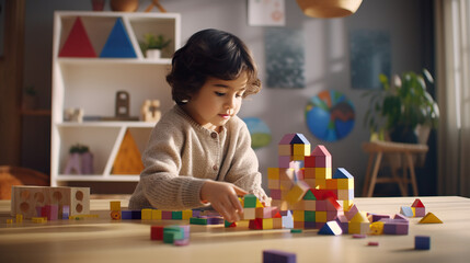 Boy Playing With Colorful Blocks in Kids Playroom. Concept of Creative Play, Building Imagination, Tactile Exploration, Child’s World, Playful Learning.educational Toys, Vibrant Playroom