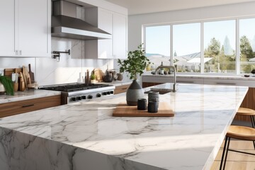 A modern, bright, and clean kitchen space features a closeup view of a marble granite kitchen counter island. The counter island is designed for displaying products and is showcased with a rendering
