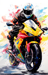 A motorcyclist rides behind the wheel of a graffiti-style sports motorcycle.