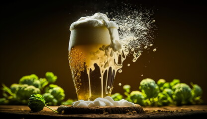 Foamy beer splashing out of glass with swirl, splash, drops and hops on the nature background.Generative AI