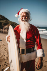 Obraz premium Generative AI illustration of Santa Claus wearing sunglasses surfing on a beach