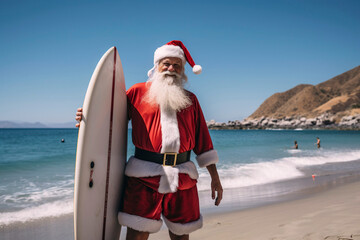 Generative AI illustration of Santa Claus wearing sunglasses surfing on a beach