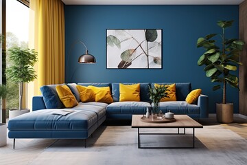 A spacious and inviting corner sofa in a vibrant shade of blue complements the modern living room beautifully. With its ample size, the sofa provides comfort and coziness, making it perfect for