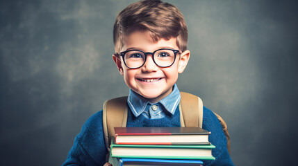 Stylish little boy with backpack looking at camera on grey background. Back to school. 