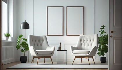 A round wood and gray coffee table sit next to a cute white lounge chair with a frame on the wall. Photo in high quality