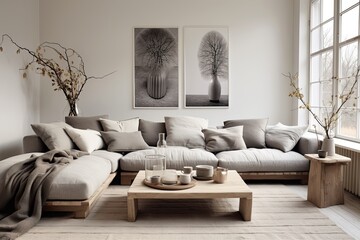 Scandinavian boho style gray living room