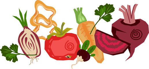 Harvest of vegetables and plants. Cropped vegetables composition for print and textile.