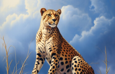 Cheetah on a background of blue sky with white clouds