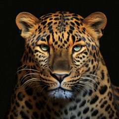 Portrait of a leopard on a black background,  Close-up