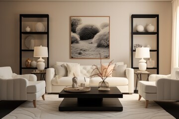 Fototapeta na wymiar Elegant living room space with a minimalist design includes a white boucle armchair, framed photos, a carpet, a coffee table, a lamp, decorations, and personal accessories. The composition allows for