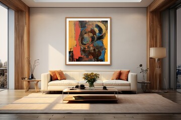 ReMockup Of visualization of a framed poster in a contemporary living room setting, using a modern interior background. This depiction will be presented in a render, providing a lifelike illustration.