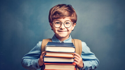 Stylish little boy in glasses with backpack looking at camera and holding books on green background. Back to school. 