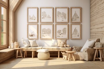 A rendering of a mockup frame is displayed in a childrens room with natural wooden furniture and a background of farmhousestyle interior design.