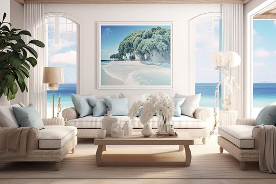A living room designed in a coastal style, featuring a rendered interior with a frame mockup.