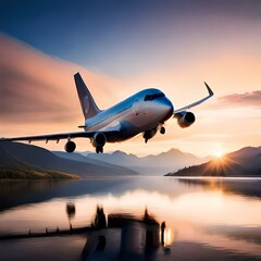 Fototapeta na wymiar airplane at sunset generative by AI technology