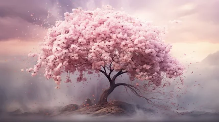 Fotobehang  a pink tree with lots of leaves on a rock under a cloudy sky.  generative ai © Anna