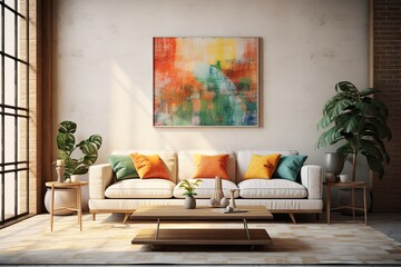 A rendered visualization of a mockup frame placed in a bohostyle living room interior.