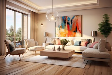 A contemporary living room design for a modern villa includes beige furniture, brightly colored walls, and hardwood flooring. The room features a sofa, an armchair with a lamp, and is designed to