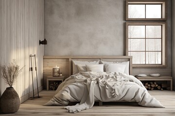 A rendered image of a white, cozy bedroom inside a farmhouse. The image showcases a wall mockup.