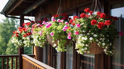 Fototapeta na wymiar Nicely decorated balcony in the house hanging flowerpot