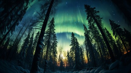 Northern lights Aurora Borealis above a forest